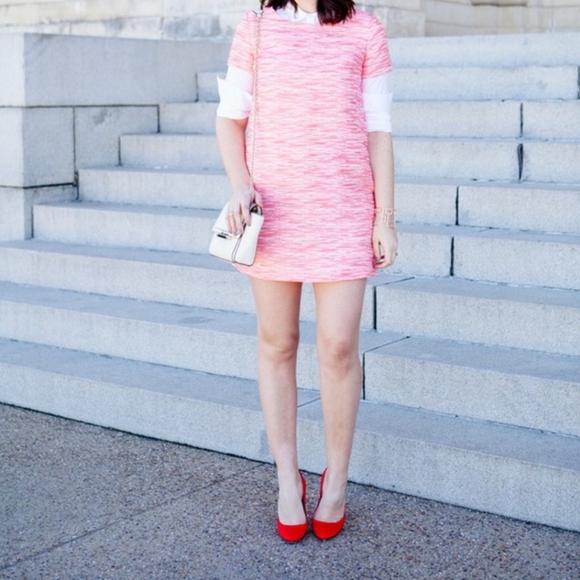 CeCe by CYNTHIA STEFFE Jacquard Shift Short Sleeve Tweed Pink Mini Dress Size 4 - Picture 7 of 13